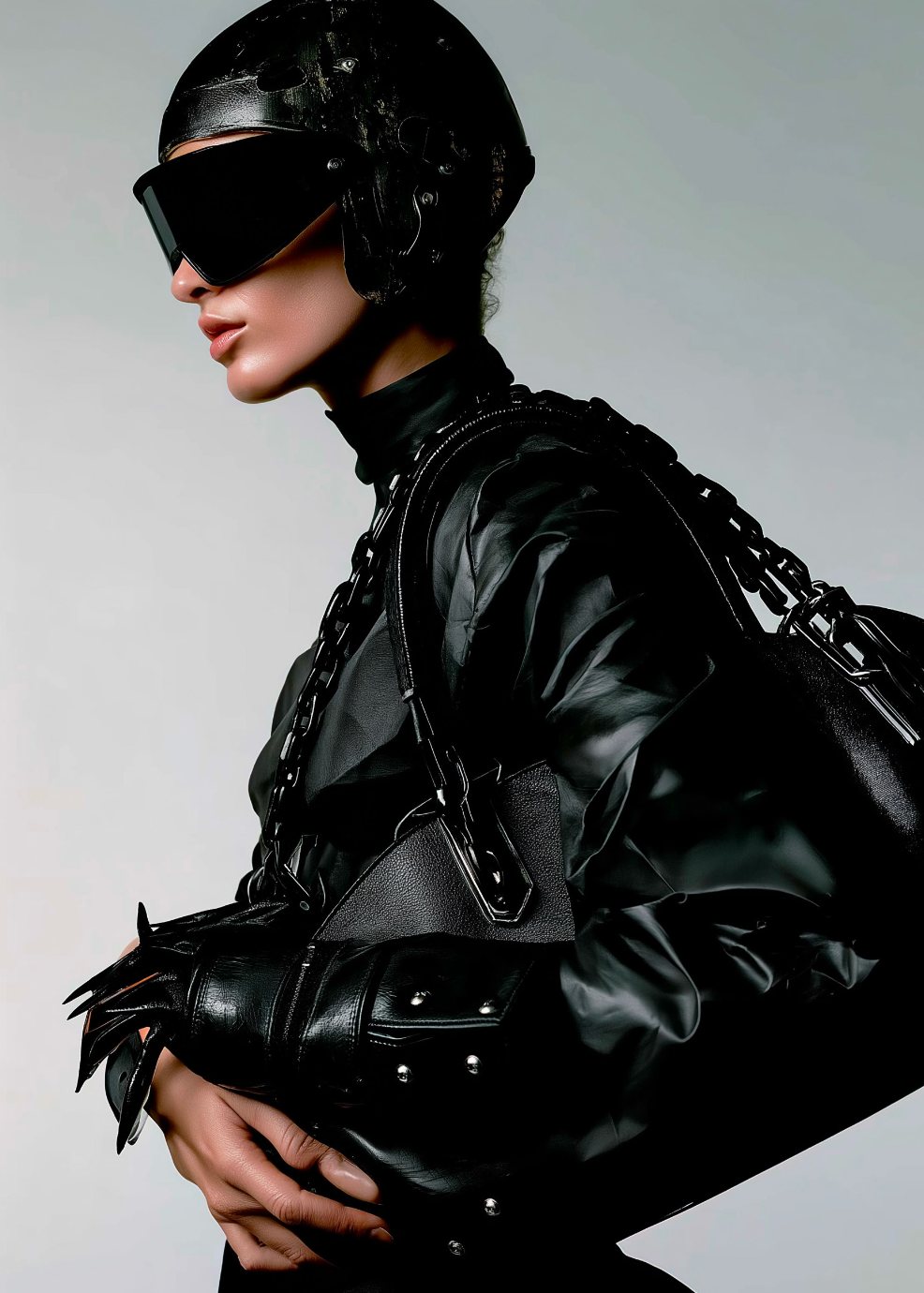 Model in black leather and helmet