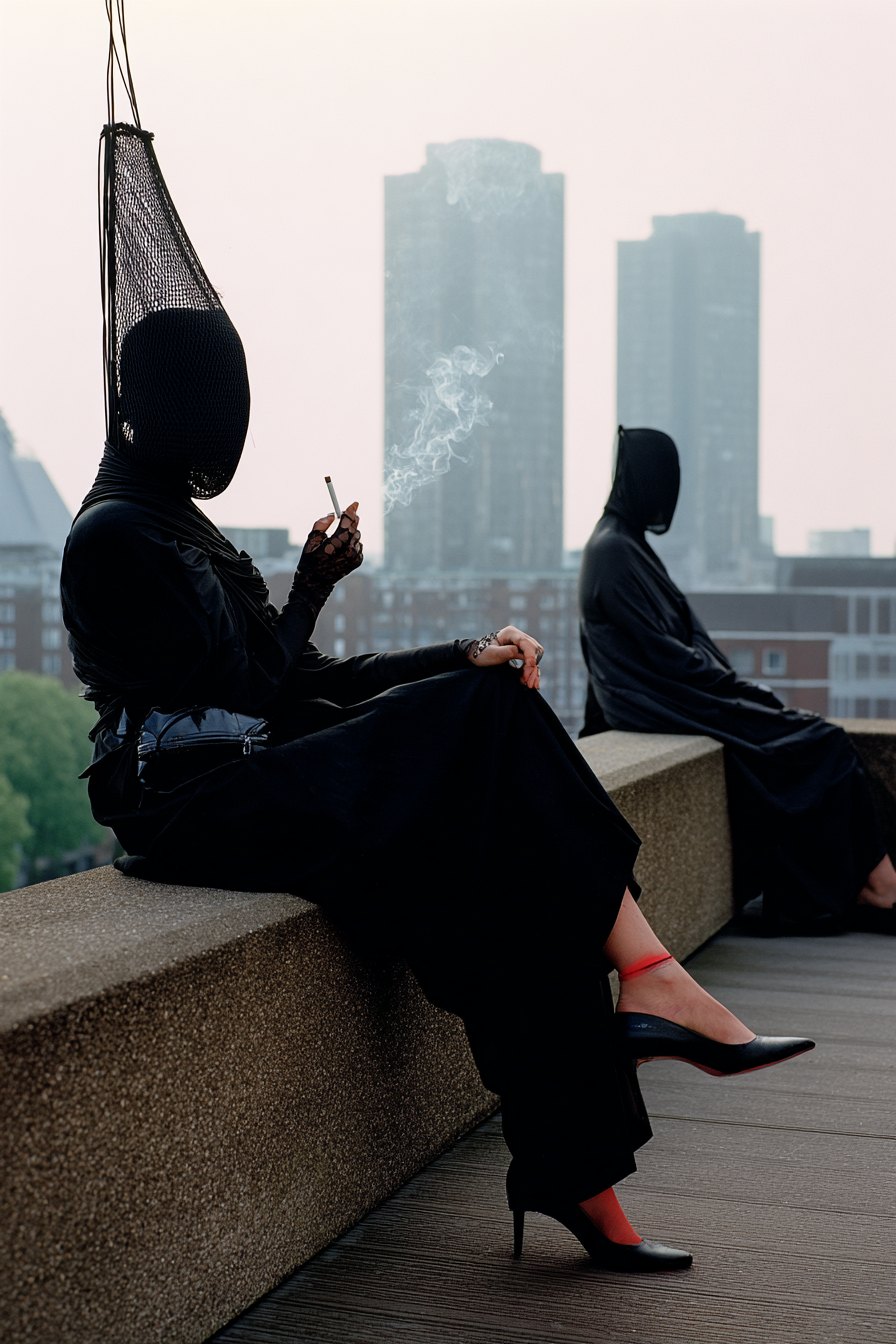 Veiled figure smoking on a rooftop ledge