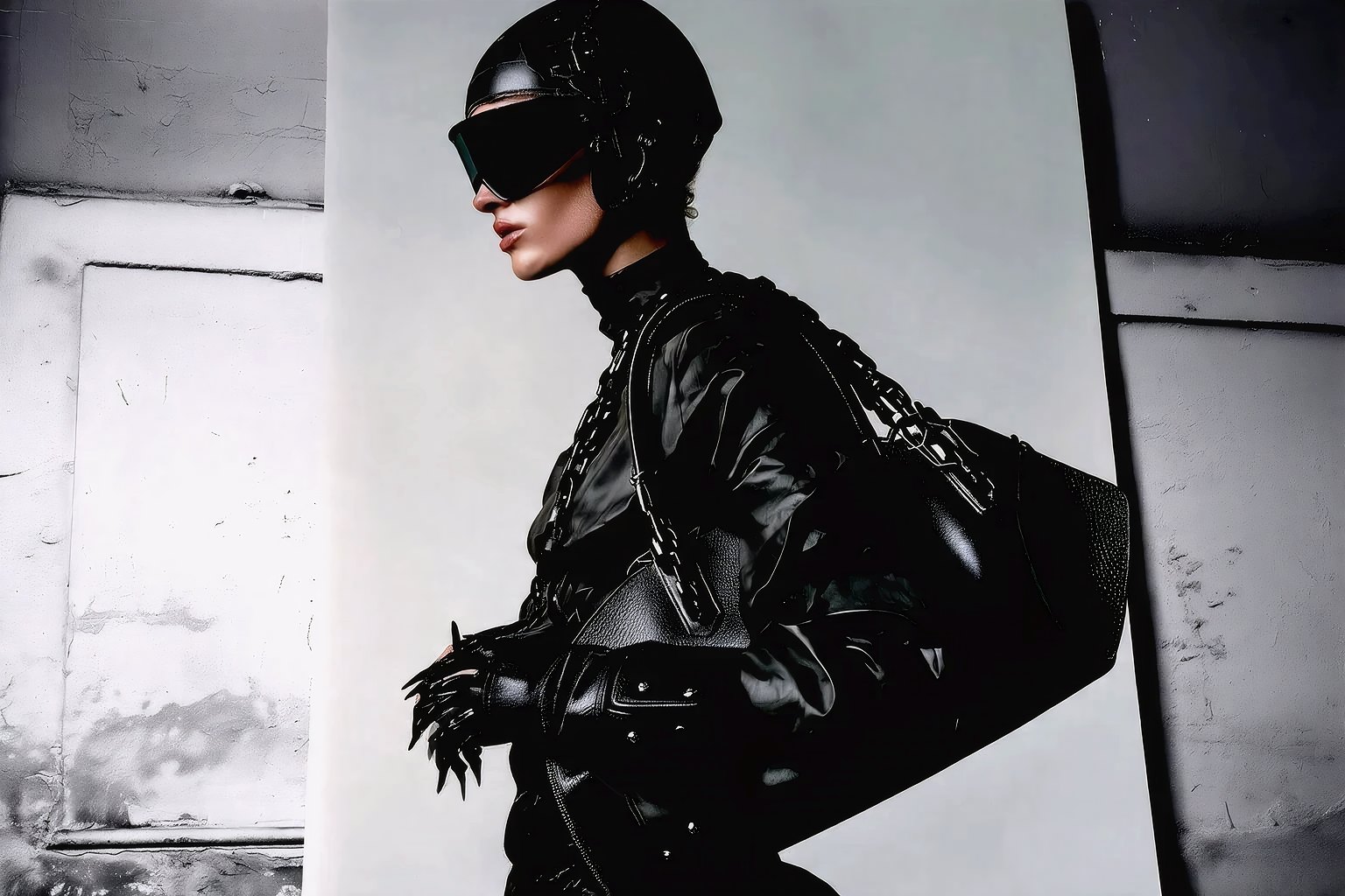 Model in black leather walking past a concrete wall