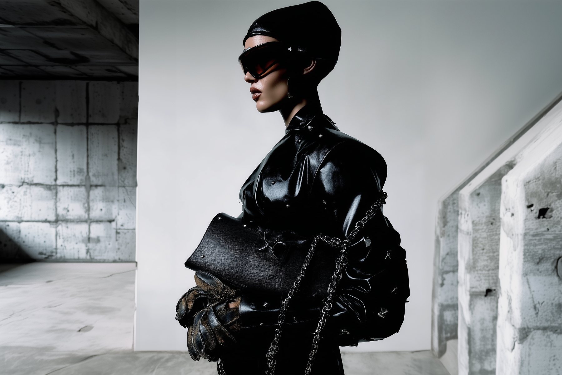 Model in black leather with chain bag
