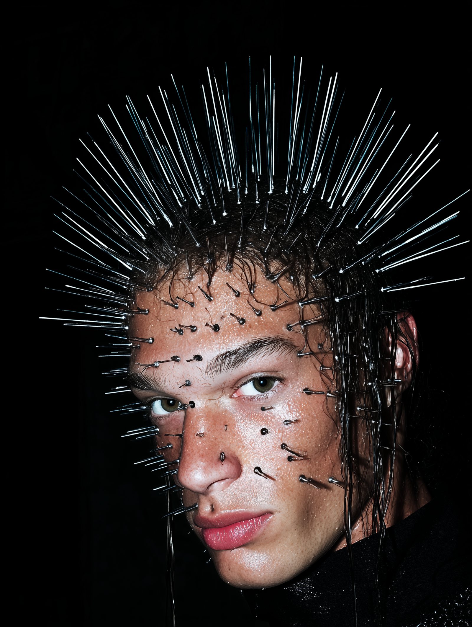 Face covered in metal pins